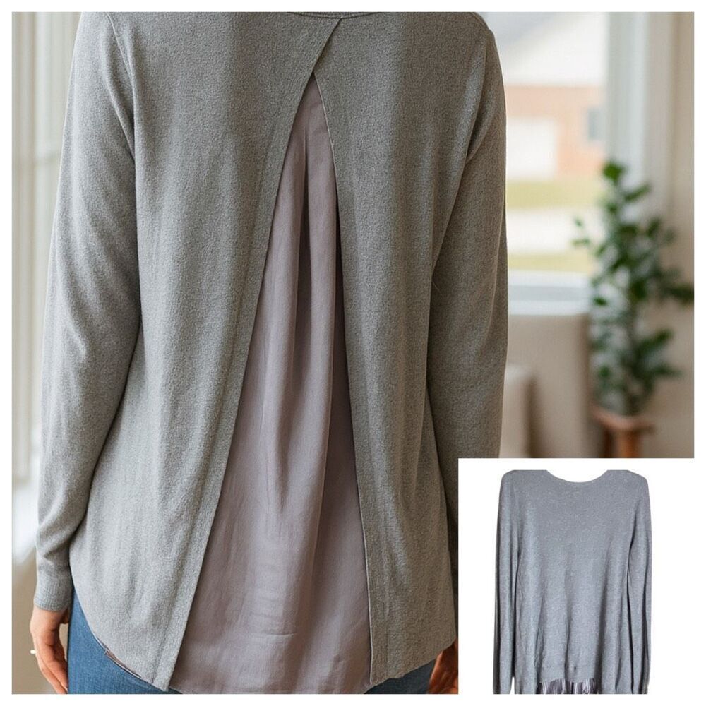 Louise Orop Gray Layered Ruffle Hem Sweater Blouse M/L Long Sleeve Casual Top